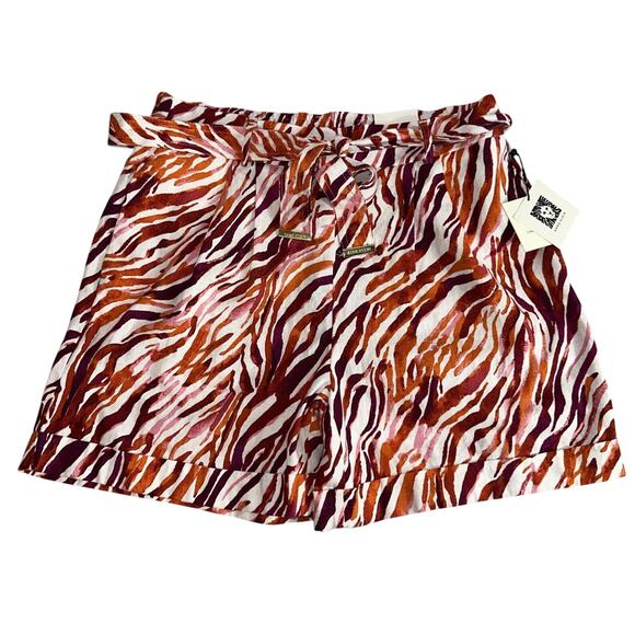 Anne Klein Spicy Orange Multicolor Linen Zebra Print Pockets Shorts Medium New - Picture 1 of 11